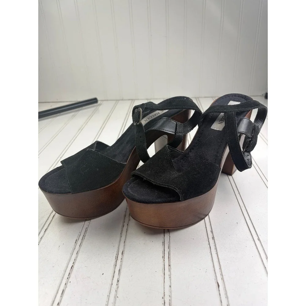 Steve Madden Vintage Black Suede Lulla Platform Chunky Sandals Women's Size 8.5